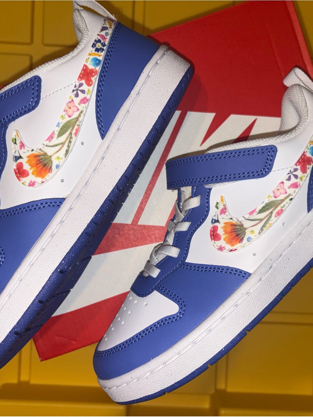 Kids Blue and White Floral Swoosh Sneakers - Picture 3 of 6